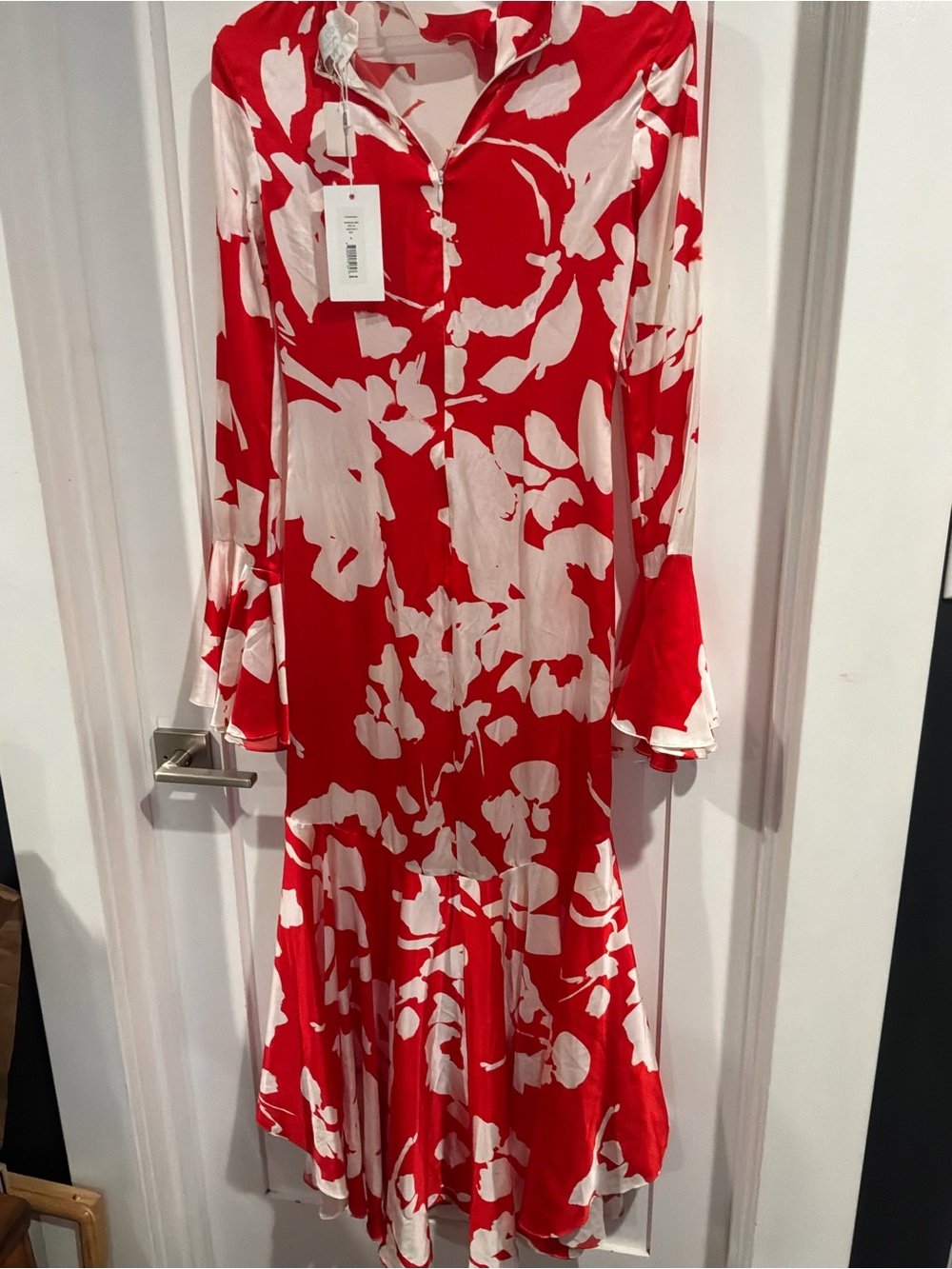 Caroline Constas Red & White High-Low Floral Silk Midi Dress